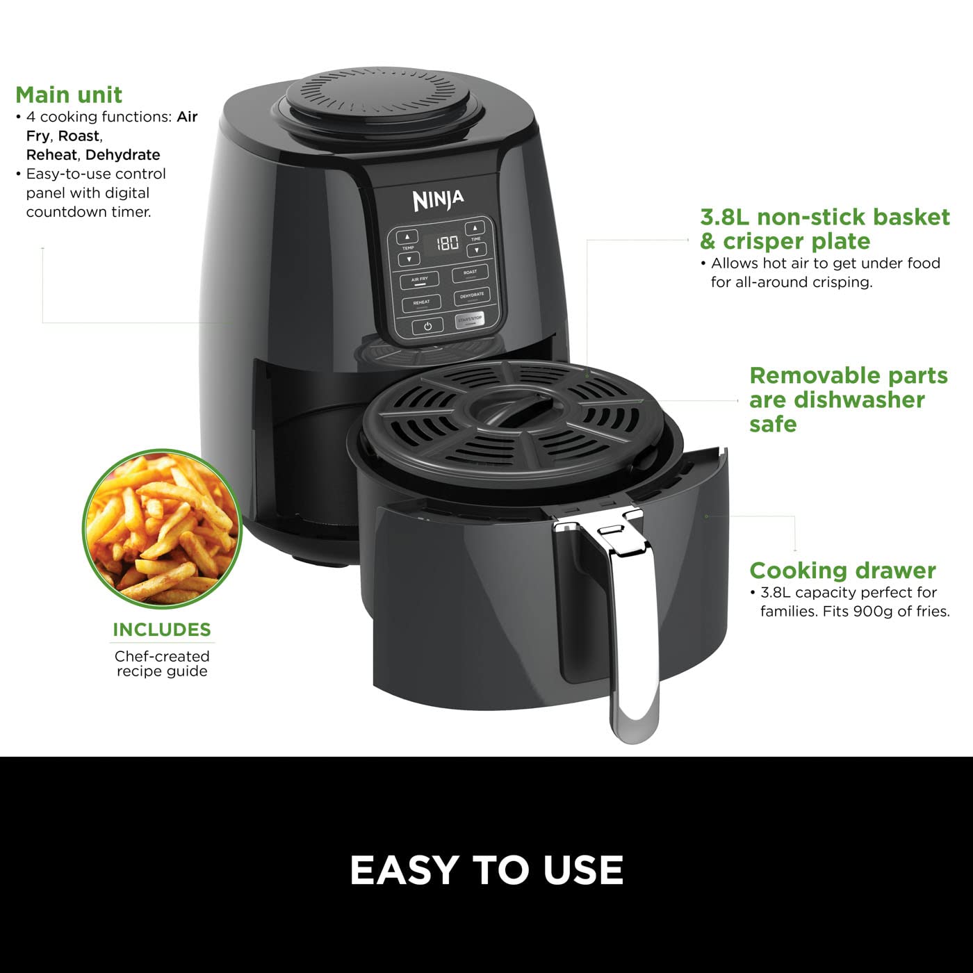 Ninja Air Fryer, 3.8L, 4-in-1, Uses No Oil, Air Fry, Roast, Reheat, Dehydrate, Non-Stick, Dishwasher Safe Basket, Cooks 2-4 Portions, Digital, Grey & Black, AF100UK