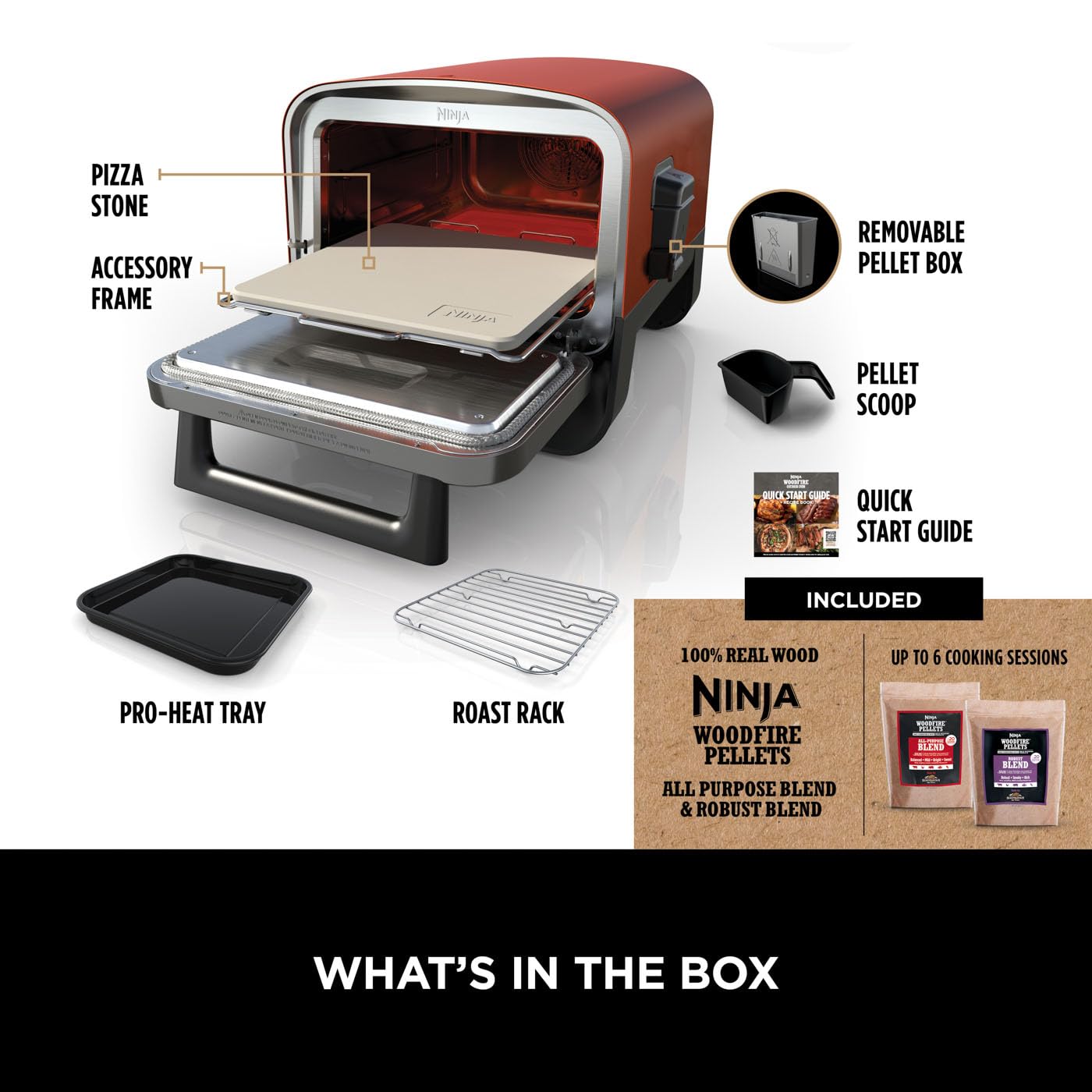 Ninja Woodfire Electric Outdoor Oven, 8-in-1 Pizza Oven, High-Heat Roaster & BBQ Smoker with Roast Rack, Pro-Heat Tray, Pizza Stone, Wood Pellets & Scoop, 6 Pizza Settings, Burnt Orange OO101UK