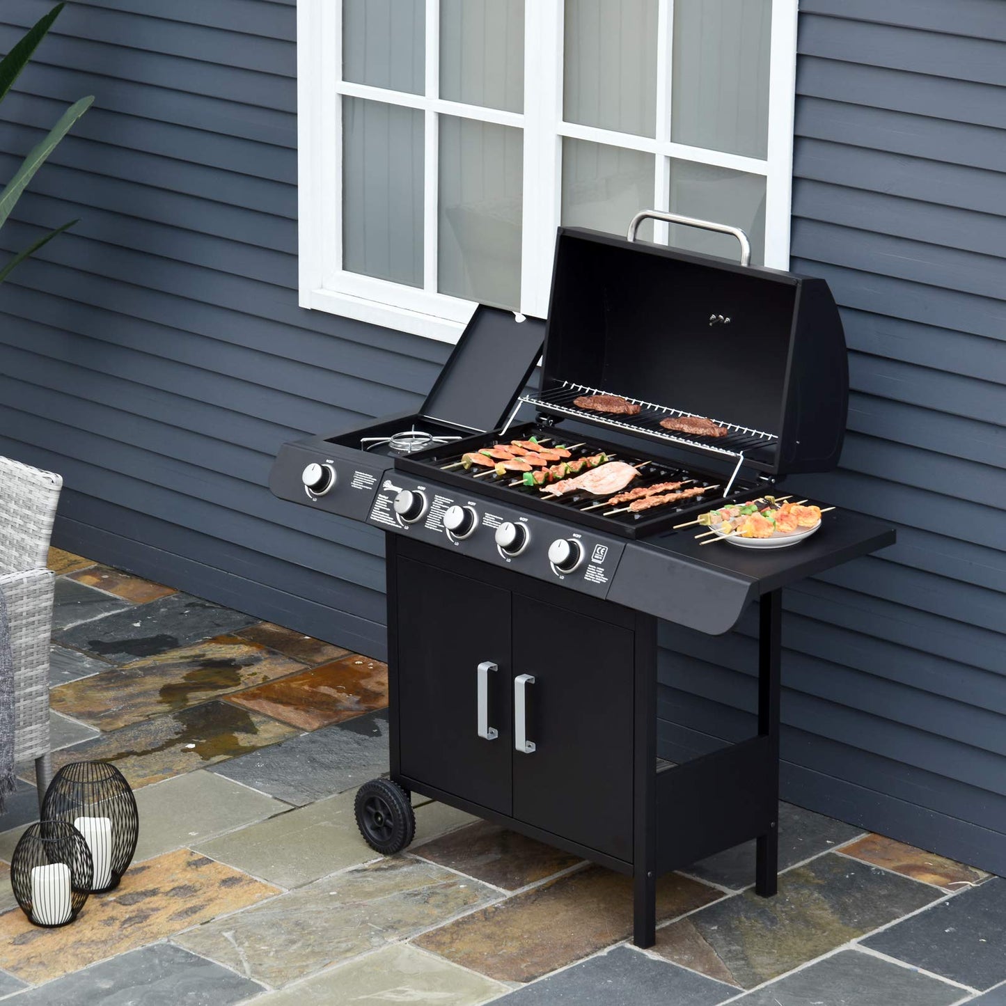 Outsunny Portable 4+1 Gas Burner Grill BBQ Trolley Backyard Garden Smoker Side Burner w/Storage Side Table For Party,Camping And Picnic