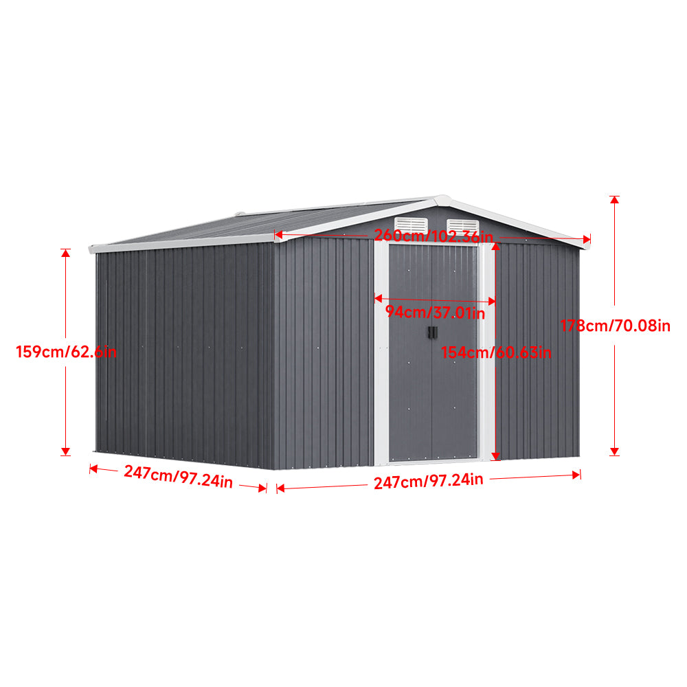 8x8ft Metal Garden Storage Shed With Gable Roof