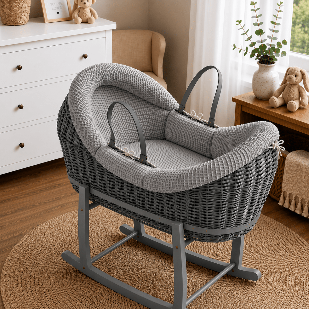 NurtureNest Wicker Deluxe Pod Baby Moses Basket With Stand - Cozy Traditional Wicker Bed For Newborn Safety