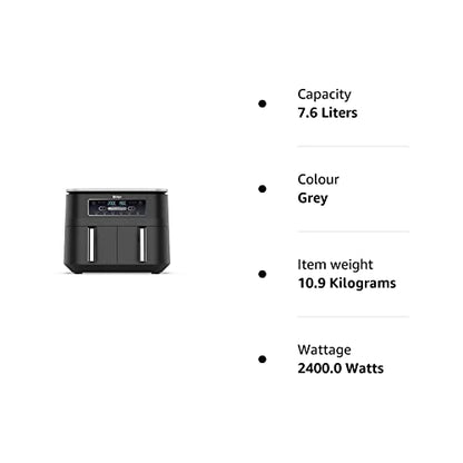 Ninja Foodi Dual Zone Digital Air Fryer, 2 Drawers, 7.6L, 6-in-1, Uses No Oil, Air Fry, Max Crisp, Roast, Bake, Reheat, Dehydrate, Cooks 4-6 Portions, Non-Stick, Dishwasher Safe Baskets, Black AF300UK