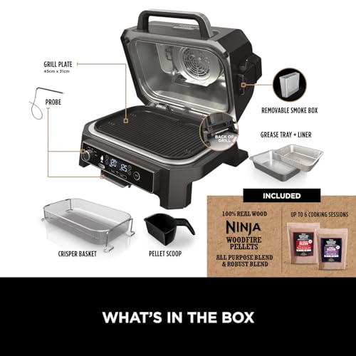 Ninja Woodfire Pro XL Electric BBQ Grill & Smoker with Digital Probe, Large 4-in-1 Outdoor Grill & Air Fryer with Smart Cook System & Woodfire Pellets, Weather Resistant, Portable, Grey/Black OG850UK