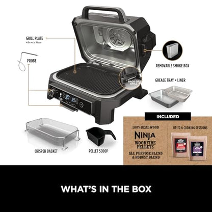 Ninja Woodfire Pro XL Electric BBQ Grill & Smoker with Digital Probe, Large 4-in-1 Outdoor Grill & Air Fryer with Smart Cook System & Woodfire Pellets, Weather Resistant, Portable, Grey/Black OG850UK