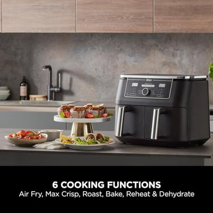 Ninja Foodi MAX Dual Zone Digital Air Fryer, 2 Drawers, 9.5L, 6-in-1, Uses No Oil, Max Crisp, Roast, Bake, Reheat, Dehydrate, Cook 8 Portions, Non-Stick Dishwasher Safe Baskets, Black AF400UK