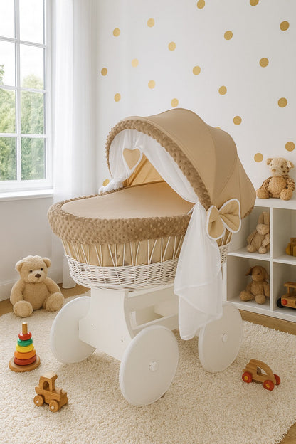 Lullaby Lane White Wicker Moses Basket With Stand And Canopy Wheels For Easy Mobility And Cozy Newborn Sleep