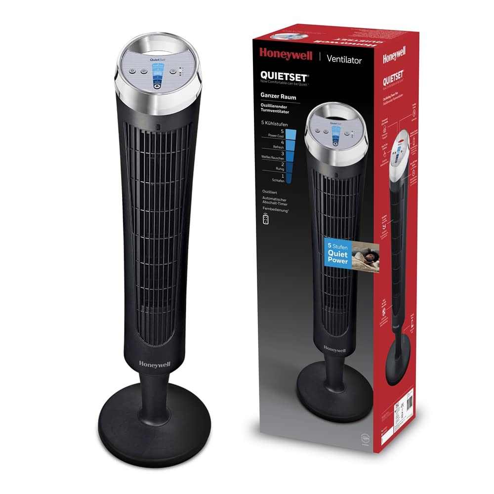Honeywell HYF260E QuietSet Tower Fan 83cm – 5 Speeds, 80° Oscillation, 30W, Timer, Remote Control, White
