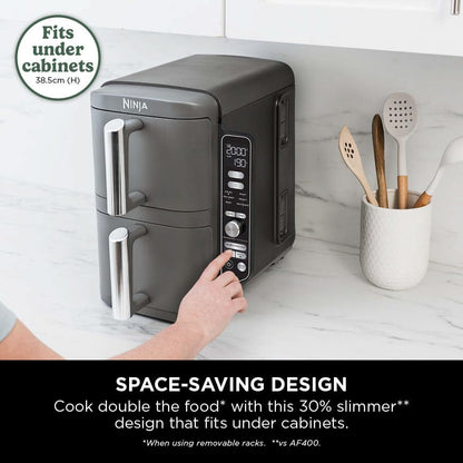 Ninja Double Stack XL Air Fryer, Vertical Dual Drawer AirFryer with 4 cooking levels, 2 Drawers and 2 Racks, Space Saving Design, 9.5L Capacity, 6 Cooking Functions, 8 Portions, Grey SL400UK