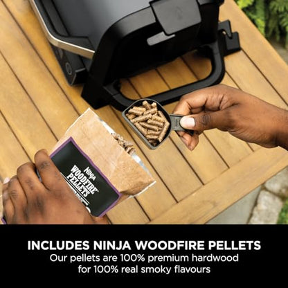 Ninja Woodfire Electric BBQ Grill & Smoker, 7-in-1 Outdoor Grill & Air Fryer, Roast, Bake, Dehydrate, Uses Woodfire Pellets, Weather Resistant, Non-Stick, Portable, Electric, Grey/Black, OG701UK