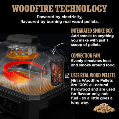 Ninja Woodfire Pro XL Electric BBQ Grill & Smoker with Digital Probe, Large 4-in-1 Outdoor Grill & Air Fryer with Smart Cook System & Woodfire Pellets, Weather Resistant, Portable, Grey/Black OG850UK