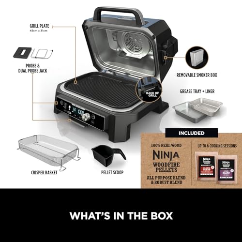 Ninja Woodfire Pro Connect XL Electric BBQ Grill and Smoker with App Control, Digital Probe, Large 7-in-1 Outdoor Grill and Air Fryer with Woodfire Pellets, Weather Resistant, Blue and Black OG901UK