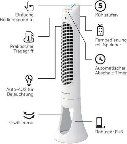 Honeywell HYF260E QuietSet Tower Fan 83cm – 5 Speeds, 80° Oscillation, 30W, Timer, Remote Control, White