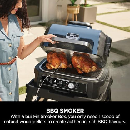 Ninja Woodfire Pro Connect XL Electric BBQ Grill and Smoker with App Control, Digital Probe, Large 7-in-1 Outdoor Grill and Air Fryer with Woodfire Pellets, Weather Resistant, Blue and Black OG901UK