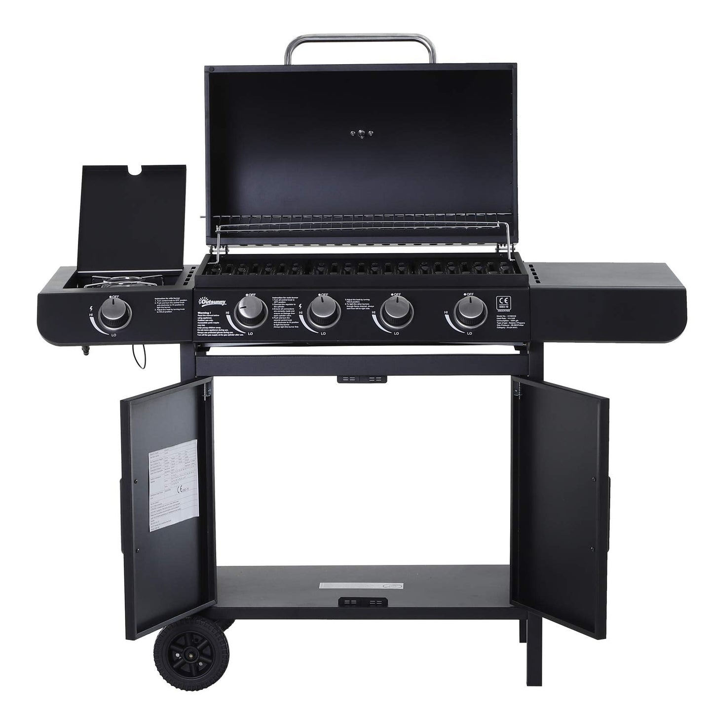 Outsunny Portable 4+1 Gas Burner Grill BBQ Trolley Backyard Garden Smoker Side Burner w/Storage Side Table For Party,Camping And Picnic