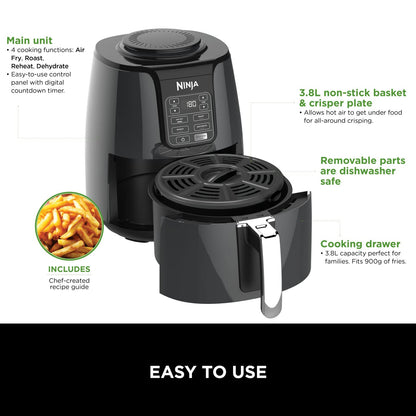Ninja Air Fryer, 3.8L, 4-in-1, Uses No Oil, Air Fry, Roast, Reheat, Dehydrate, Non-Stick, Dishwasher Safe Basket, Cooks 2-4 Portions, Digital, Grey & Black, AF100UK