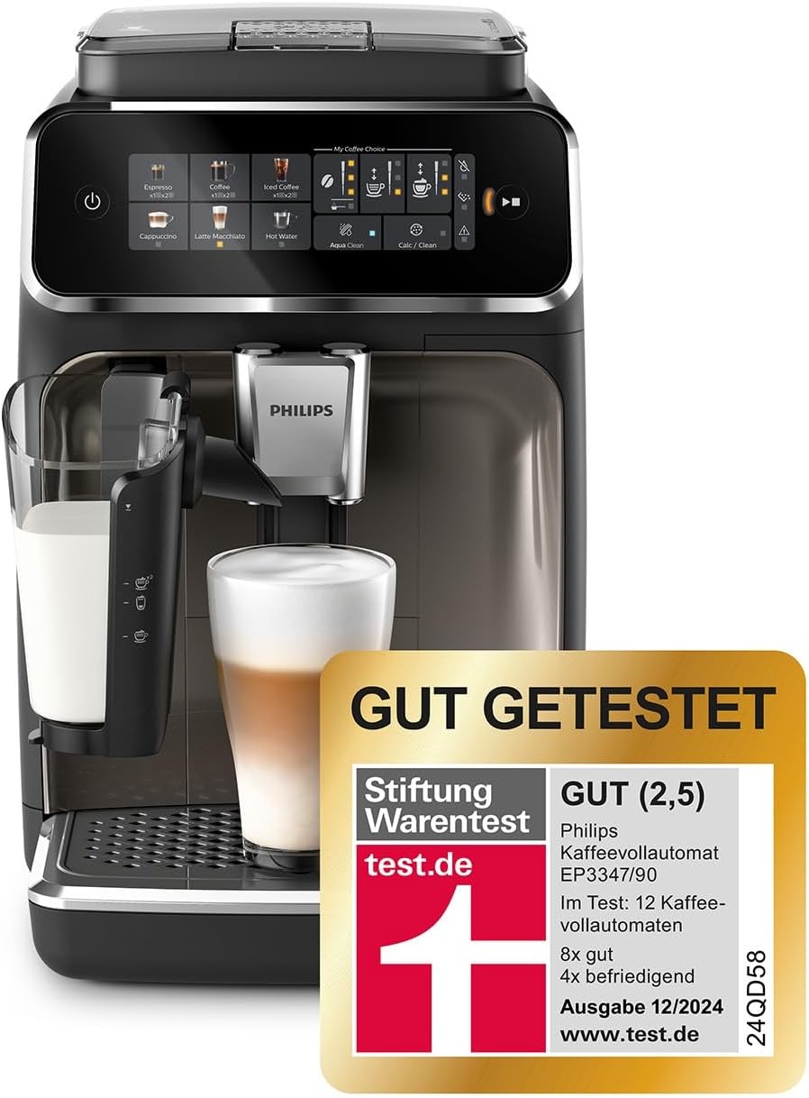 Philips EP3347/90 3300 Series LatteGo Fully Automatic Coffee Machine 1,8L – SilentBrew, AquaClean, 12-stufig, Black/Chrome