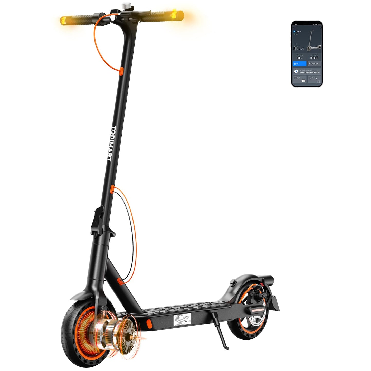TODIMART T3 E-Scooter with ABE, Up to 30 km Range, 8,5 Zoll Solid Rubber Tyres, Bluetooth-App, Dual Braking System, Foldable, IPX5, Black/Orange