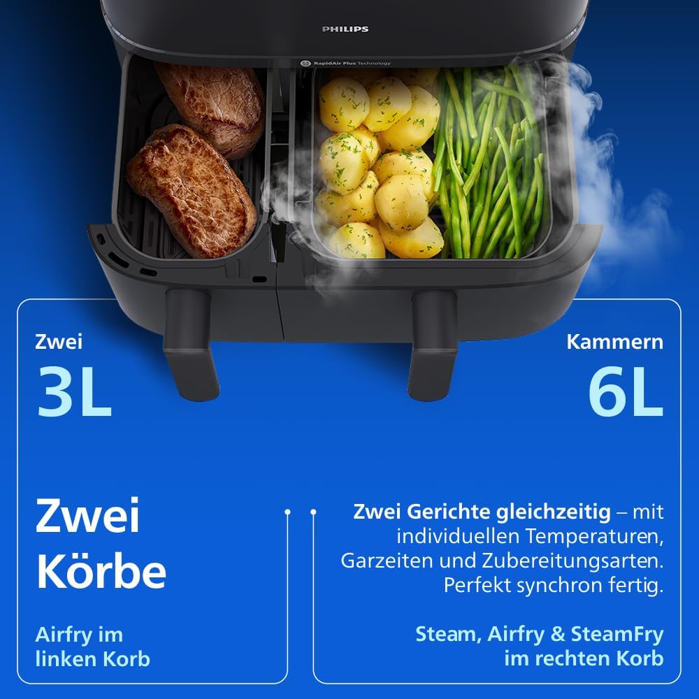 Philips NA550/00 5000 Series Steam & AirFry Air Fryer 9L – RapidAir Plus, 2x Korb, 2750W