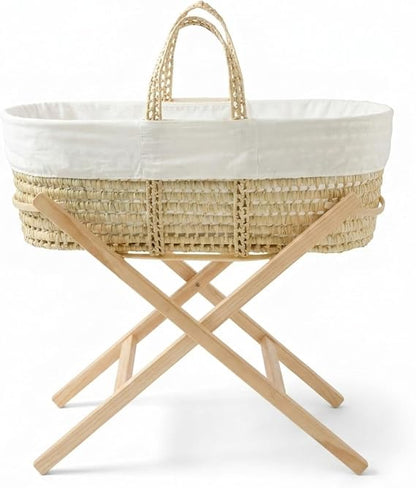 Clair De Lune Scandi Palm Moses Basket - Natural Folding Stand With Breathable Palm Leaf And Cotton Fabrics