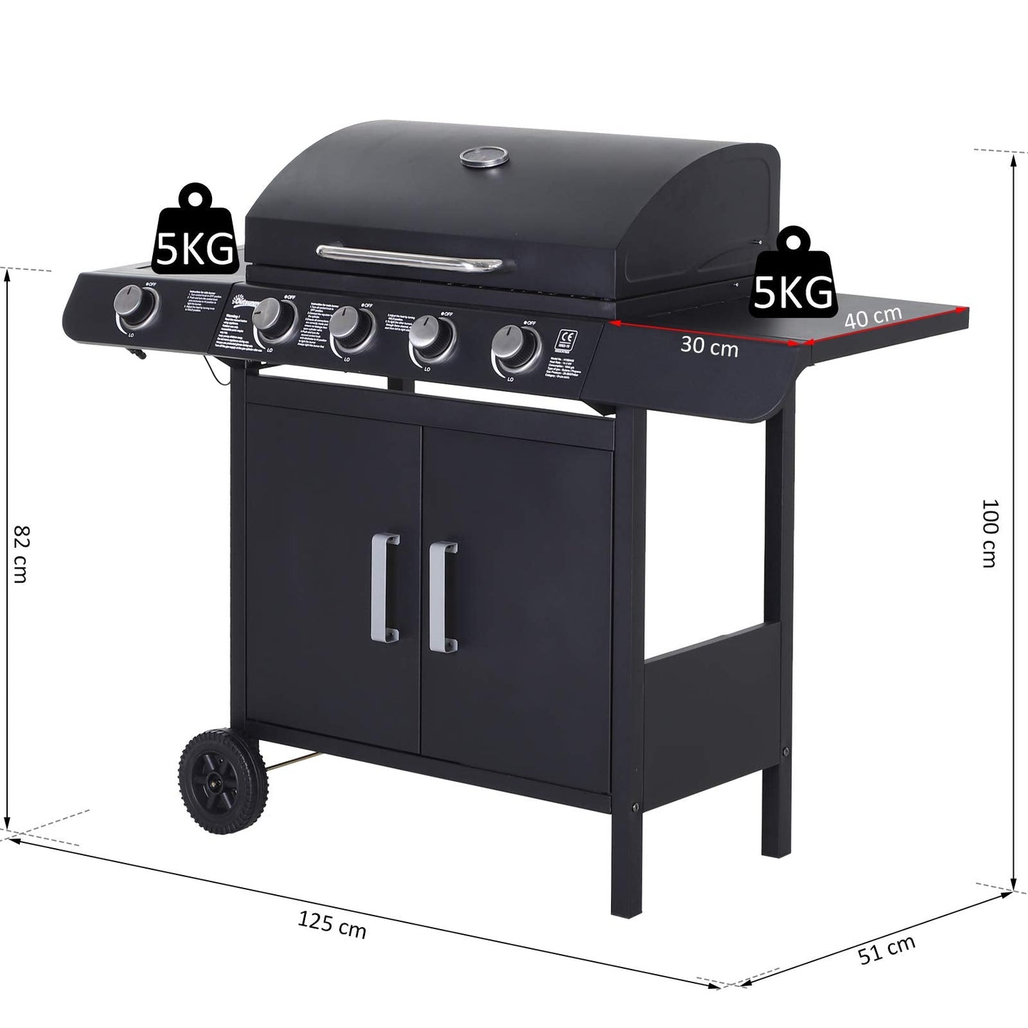 Outsunny Portable 4+1 Gas Burner Grill BBQ Trolley Backyard Garden Smoker Side Burner w/Storage Side Table For Party,Camping And Picnic