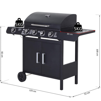 Outsunny Portable 4+1 Gas Burner Grill BBQ Trolley Backyard Garden Smoker Side Burner w/Storage Side Table For Party,Camping And Picnic