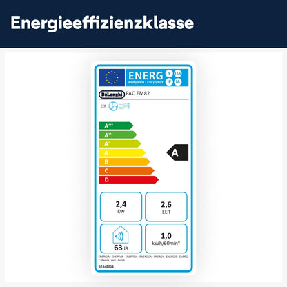 De'Longhi Penguin PAC EM82 Eco Portable Air Conditioner 2,4kW – R290, Energy Class A, SEER 16, Dust Filter, White
