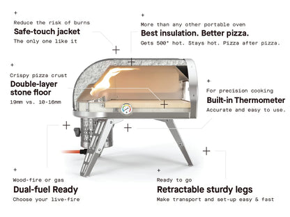ROCCBOX Gozney Portable Outdoor Pizza Oven - Includes Professional Grade Pizza Peel, Built-In Thermometer and Safe Touch Silicone Jacket - Propane Gas Fired, With Rolling Wood Flame - Grey