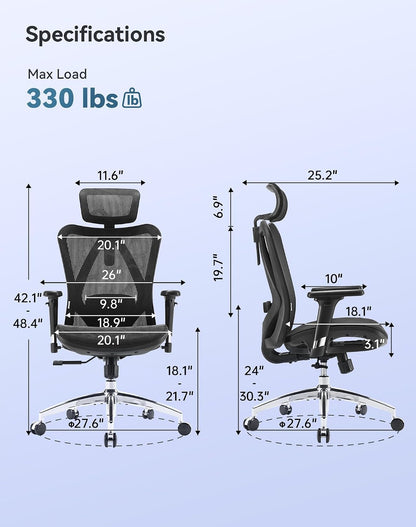 SIHOO M57 Ergonomic Office Chair, 3D-Armrests, Mesh, Headrest, Up to 150 kg, Black