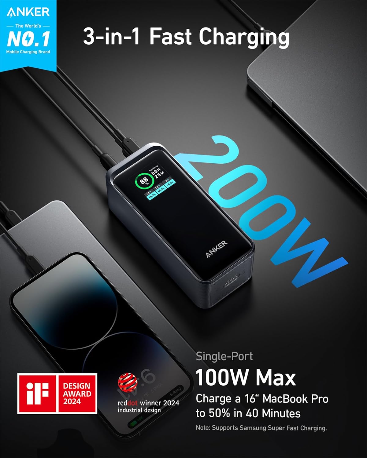 Anker Prime 72Wh Powerbank 20.000 mAh, 200W, USB-C & USB-A, Fast Charging, Black