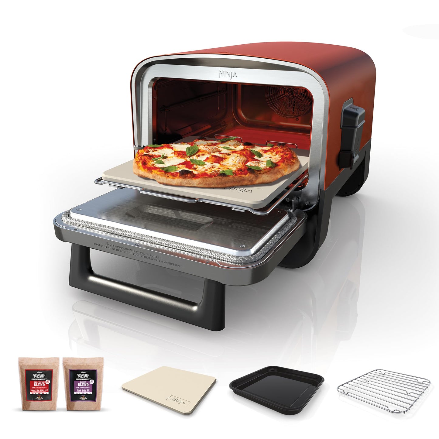 Ninja Woodfire Electric Outdoor Oven, 8-in-1 Pizza Oven, High-Heat Roaster & BBQ Smoker with Roast Rack, Pro-Heat Tray, Pizza Stone, Wood Pellets & Scoop, 6 Pizza Settings, Burnt Orange OO101UK