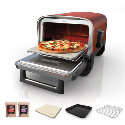 Ninja Woodfire Electric Outdoor Oven, 8-in-1 Pizza Oven, High-Heat Roaster & BBQ Smoker with Roast Rack, Pro-Heat Tray, Pizza Stone, Wood Pellets & Scoop, 6 Pizza Settings, Burnt Orange OO101UK