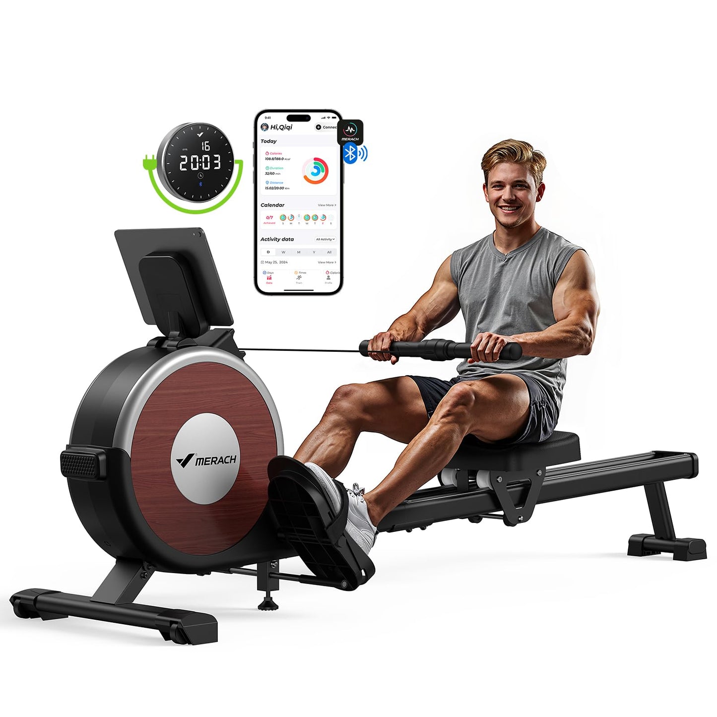 MERACH Q1s Rowing Machine 160kg – 32-stufig Magnet, 5,5kg Schwungrad, App, Dual-Rail, 0,2m², Black
