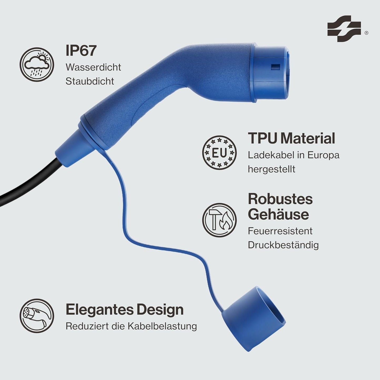 Voldt EVMCS131 Typ-2 Portable Charging Cable 3,7kW – 8-16A, IP67, CE, TÜV, Timer, IEC 62196, Blue