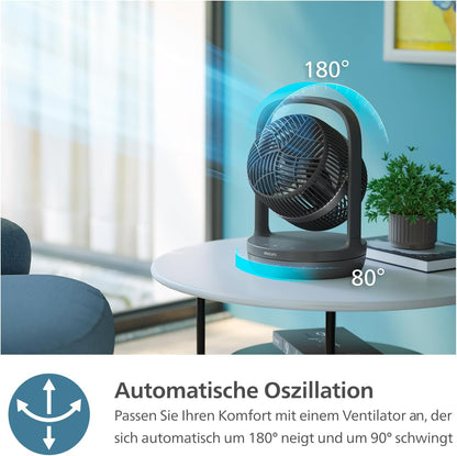 Philips CX3050/01 SilentWings Table Fan – 23dB, 738m³/h, 90° Oscillation, 180° Tilt, 3 Speeds, Black