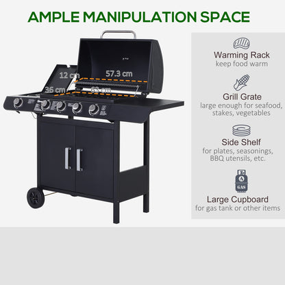 Outsunny Portable 4+1 Gas Burner Grill BBQ Trolley Backyard Garden Smoker Side Burner w/Storage Side Table For Party,Camping And Picnic