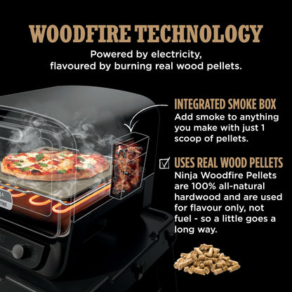Ninja Woodfire Electric Outdoor Oven, 8-in-1 Pizza Oven, High-Heat Roaster & BBQ Smoker with Roast Rack, Pro-Heat Tray, Pizza Stone, Wood Pellets & Scoop, 6 Pizza Settings, Burnt Orange OO101UK