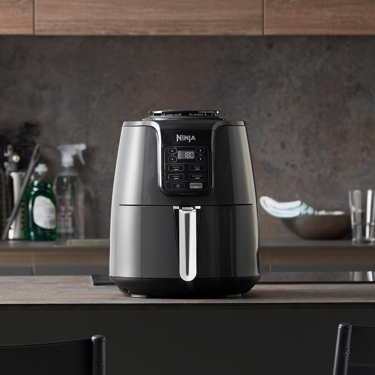 Ninja Air Fryer, 3.8L, 4-in-1, Uses No Oil, Air Fry, Roast, Reheat, Dehydrate, Non-Stick, Dishwasher Safe Basket, Cooks 2-4 Portions, Digital, Grey & Black, AF100UK