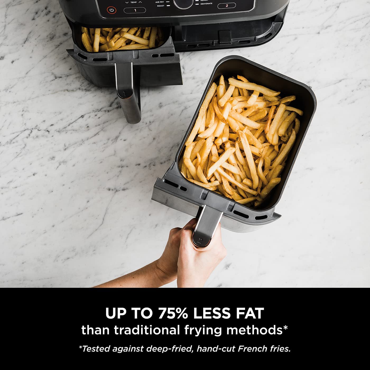 Ninja Foodi Dual Zone Digital Air Fryer, 2 Drawers, 7.6L, 6-in-1, Uses No Oil, Air Fry, Max Crisp, Roast, Bake, Reheat, Dehydrate, Cooks 4-6 Portions, Non-Stick, Dishwasher Safe Baskets, Black AF300UK