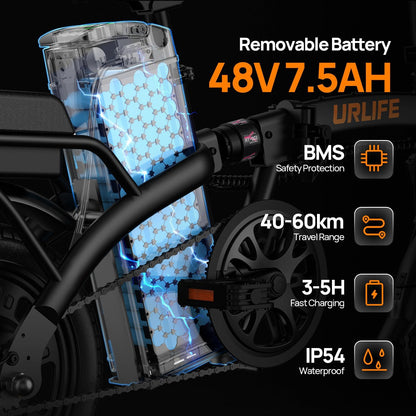 URLIFE F1L Klapp-E-Bike 250W – 48V/7,5Ah, 60km, Pedelec, IP54, Dual-Federung, 14", Black