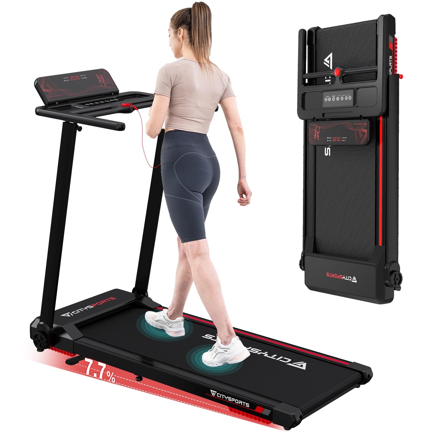 CITYSPORTS CS-WP9 Treadmill Foldable 1400W – Bluetooth, 12 km/h, 110kg, LED, 360° Tablet-Halter, Black