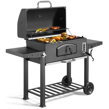 VonHaus Charcoal BBQ – Portable Barbecue with Warming Rack, Fold Down Shelves, Temperature Gauge, Wheels, Large Cooking Grill, Air Vents – 2 in 1 Barbeque and Smoker – Grill Meat, Fish & Vegetables