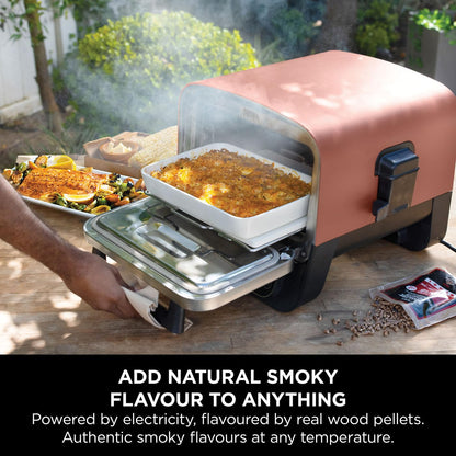 Ninja Woodfire Electric Outdoor Oven, 8-in-1 Pizza Oven, High-Heat Roaster & BBQ Smoker with Roast Rack, Pro-Heat Tray, Pizza Stone, Wood Pellets & Scoop, 6 Pizza Settings, Burnt Orange OO101UK