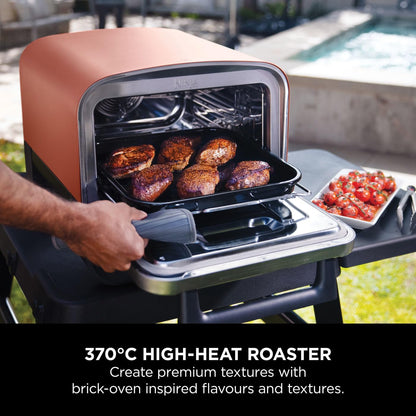 Ninja Woodfire Electric Outdoor Oven, 8-in-1 Pizza Oven, High-Heat Roaster & BBQ Smoker with Roast Rack, Pro-Heat Tray, Pizza Stone, Wood Pellets & Scoop, 6 Pizza Settings, Burnt Orange OO101UK