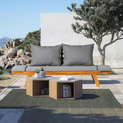 Acacia Wood Convertible Outdoor Sofa Bed with Adjustable Armrests & Cushions