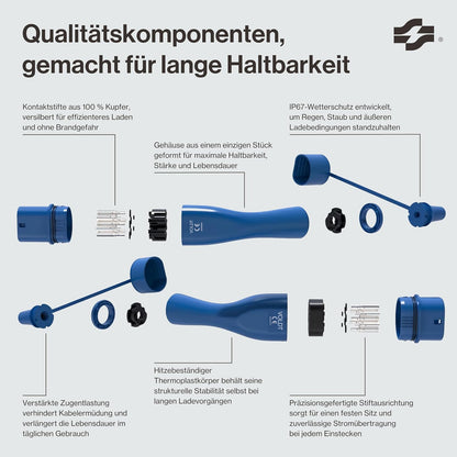 Voldt EVMCS131 Typ-2 Portable Charging Cable 3,7kW – 8-16A, IP67, CE, TÜV, Timer, IEC 62196, Blue