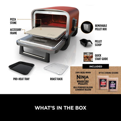 Ninja Woodfire Electric Outdoor Oven, 8-in-1 Pizza Oven, High-Heat Roaster & BBQ Smoker with Roast Rack, Pro-Heat Tray, Pizza Stone, Wood Pellets & Scoop, 6 Pizza Settings, Burnt Orange OO101UK