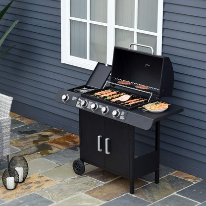 Outsunny Portable 4+1 Gas Burner Grill BBQ Trolley Backyard Garden Smoker Side Burner w/Storage Side Table For Party,Camping And Picnic