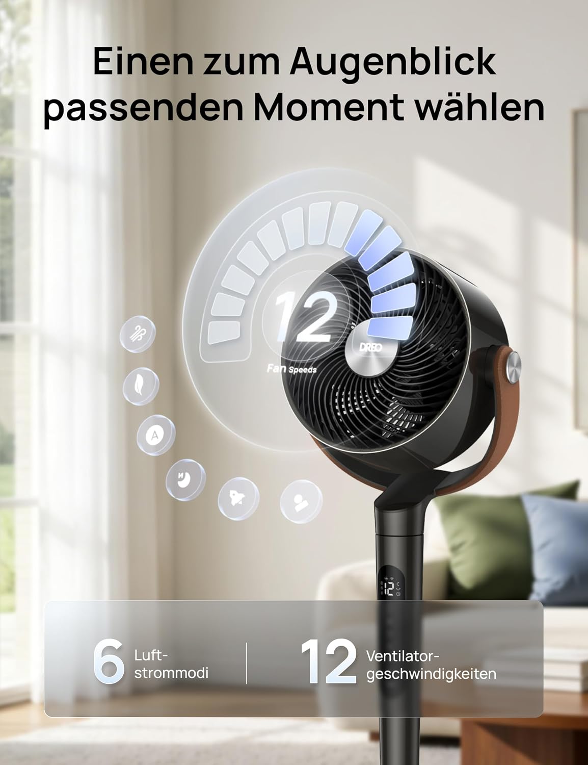 DREO PolyFan 513S DR-HAF003S Pedestal Fan 95,5cm – 2209m³/h, 20dB, RGB, 150°+120°, WiFi, Alexa, Black