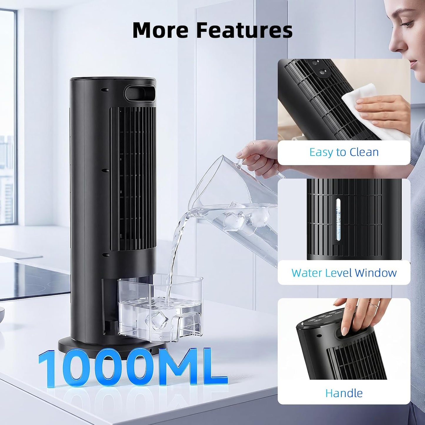 CoamoTrail LRL Mobiler Air Cooler 1L – bladeless, 30dB, 90° Oscillation, Turbo, 10h Timer, Remote Control, Black
