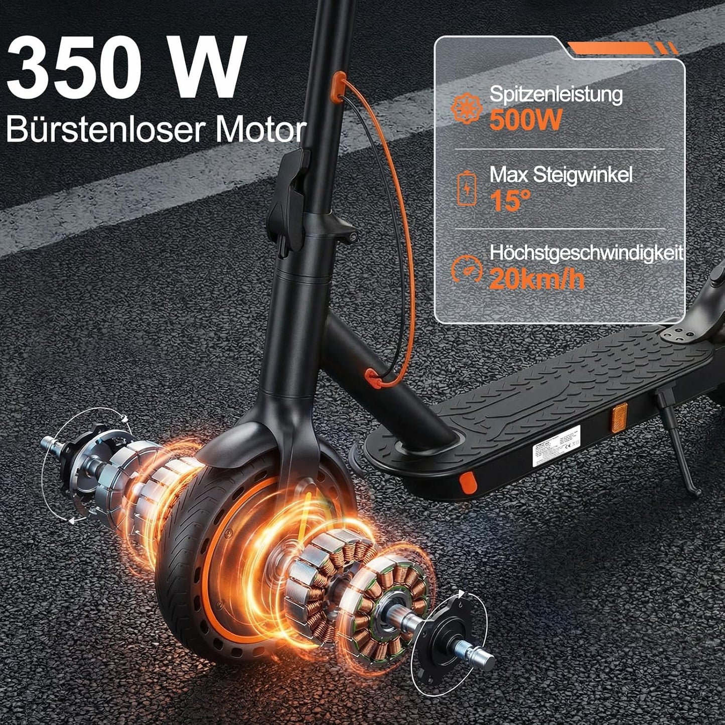 TODIMART T3 E-Scooter with ABE, Up to 30 km Range, 8,5 Zoll Solid Rubber Tyres, Bluetooth-App, Dual Braking System, Foldable, IPX5, Black/Orange